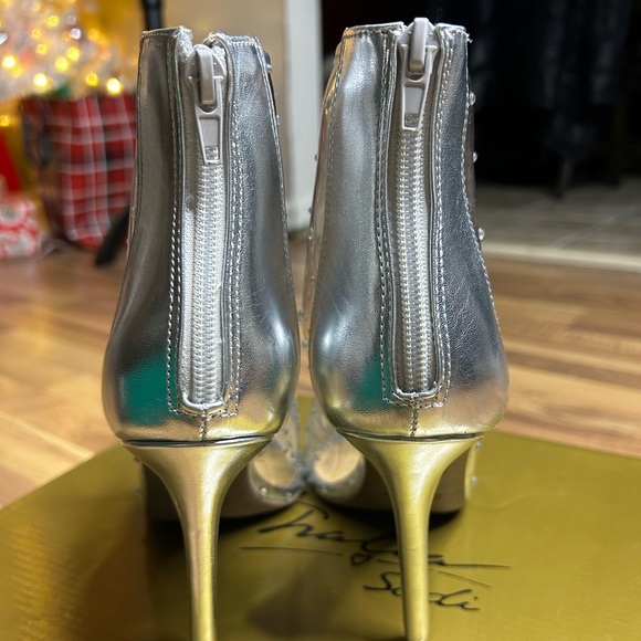 THALIA SODI Silver Translucent Rhinestone Point Toe Stiletto Zip Booties, Sz 8.5 - Picture 5 of 9